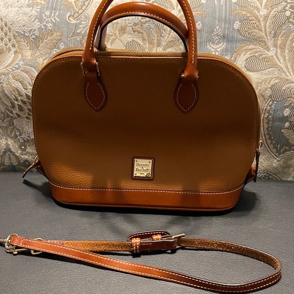 Dooney & Bourke Handbags - Dooney & Bourke Two-Tone Tan and Chestnut Leather Dome Satchel with Strap